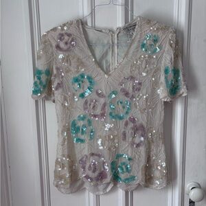 Women’s Vintage Papell Boutique Evening 100%Silk Short Sleeve Sequinned Blouse